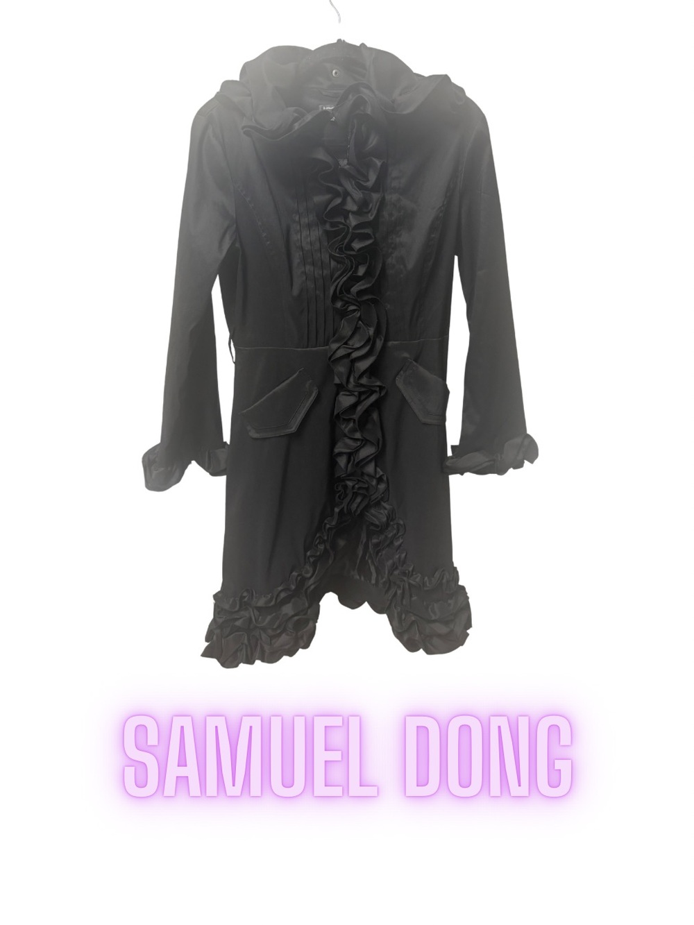 Samuel Dong Black Ruffle-Trim Hooded Trench Coat